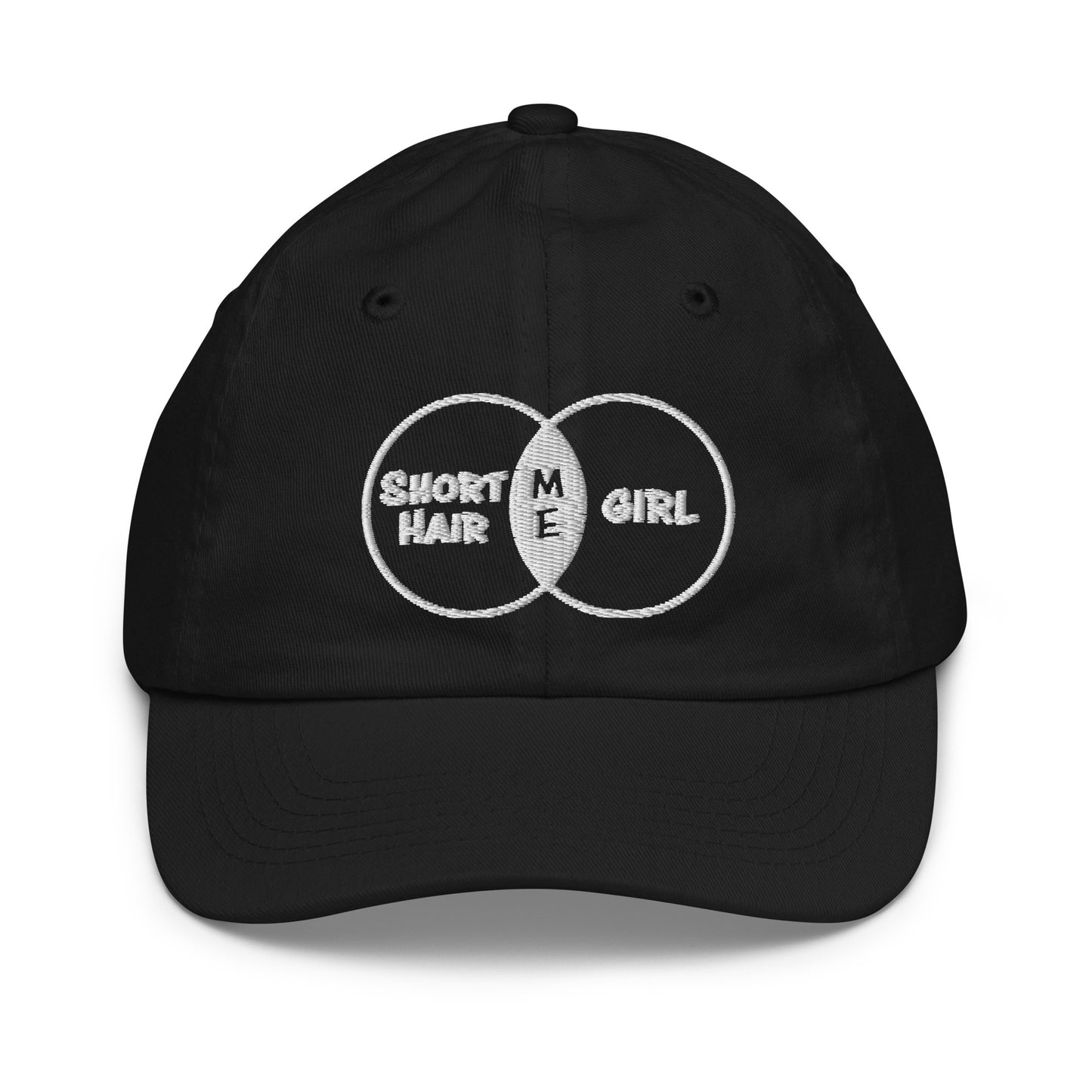Short Hair Bold Girl Embroidered Black Hat - Youth