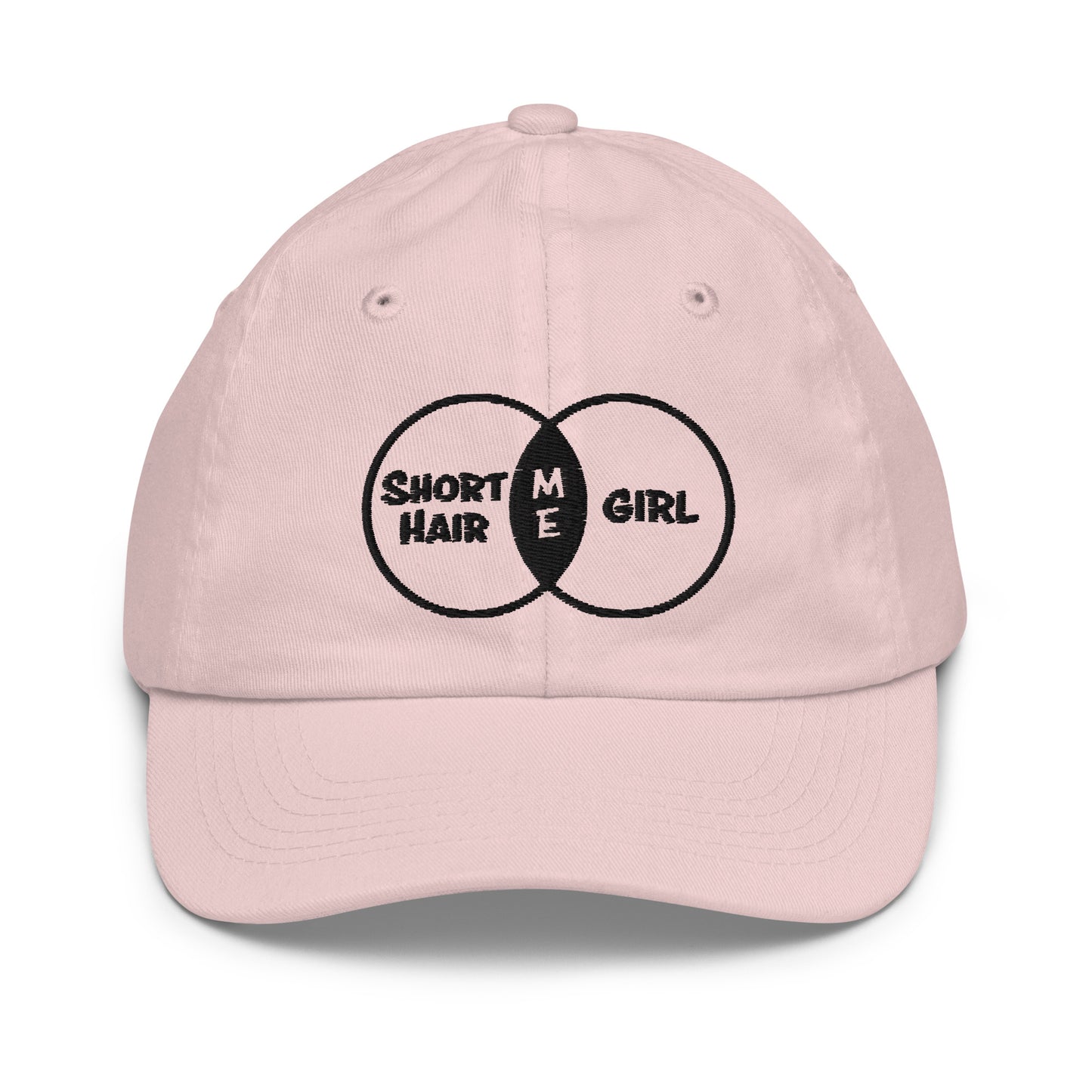 Short Hair Bold Girl Embroidered Pink Hat - Youth